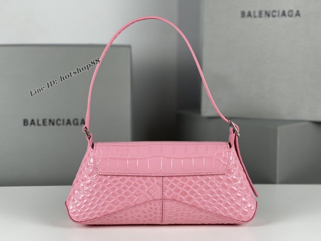 Balenciaga專櫃2022爆款小號鱷魚粉銀全皮肩背包 巴黎世家翻蓋腋下包 fyj1535